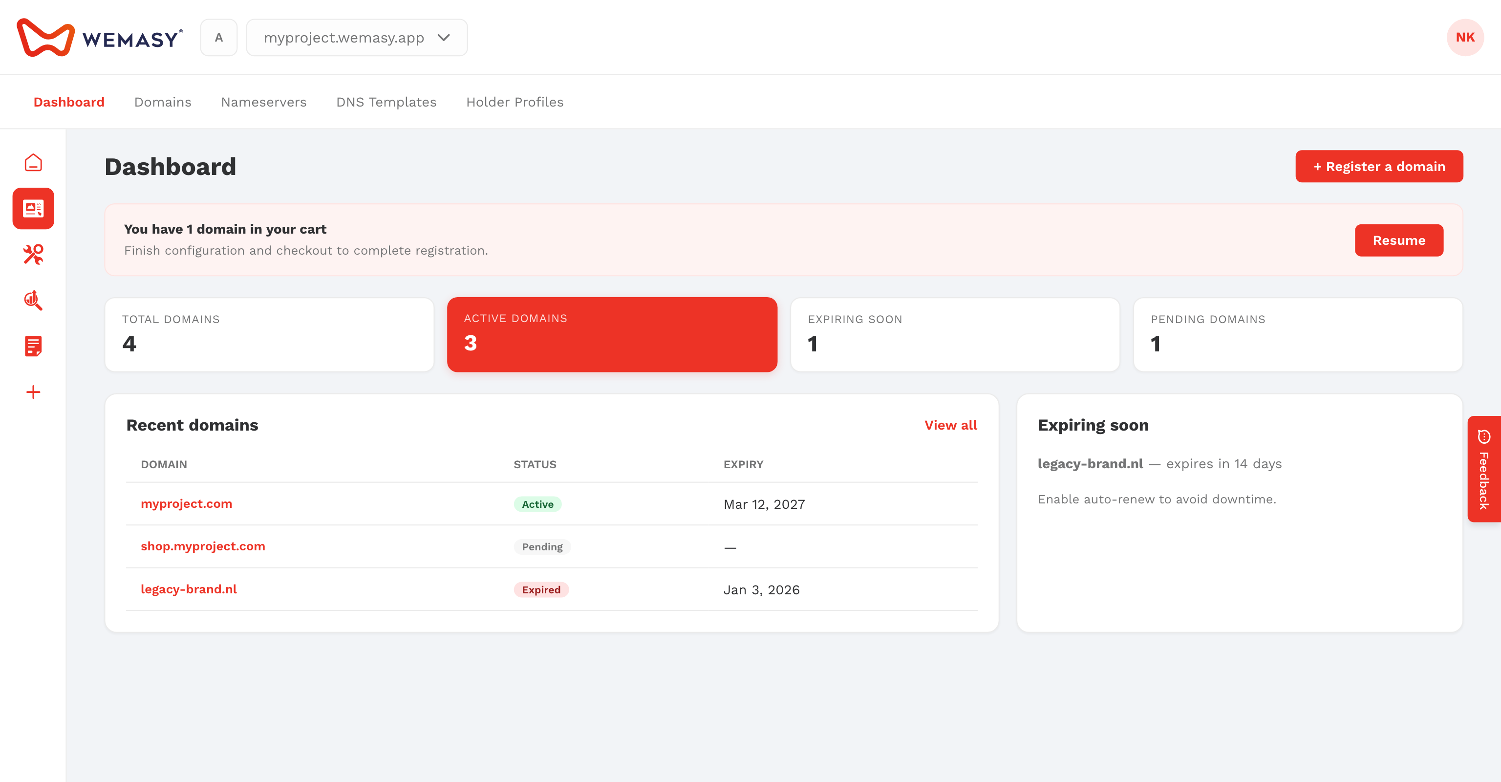 Das Domains-Dashboard in WEMASY
