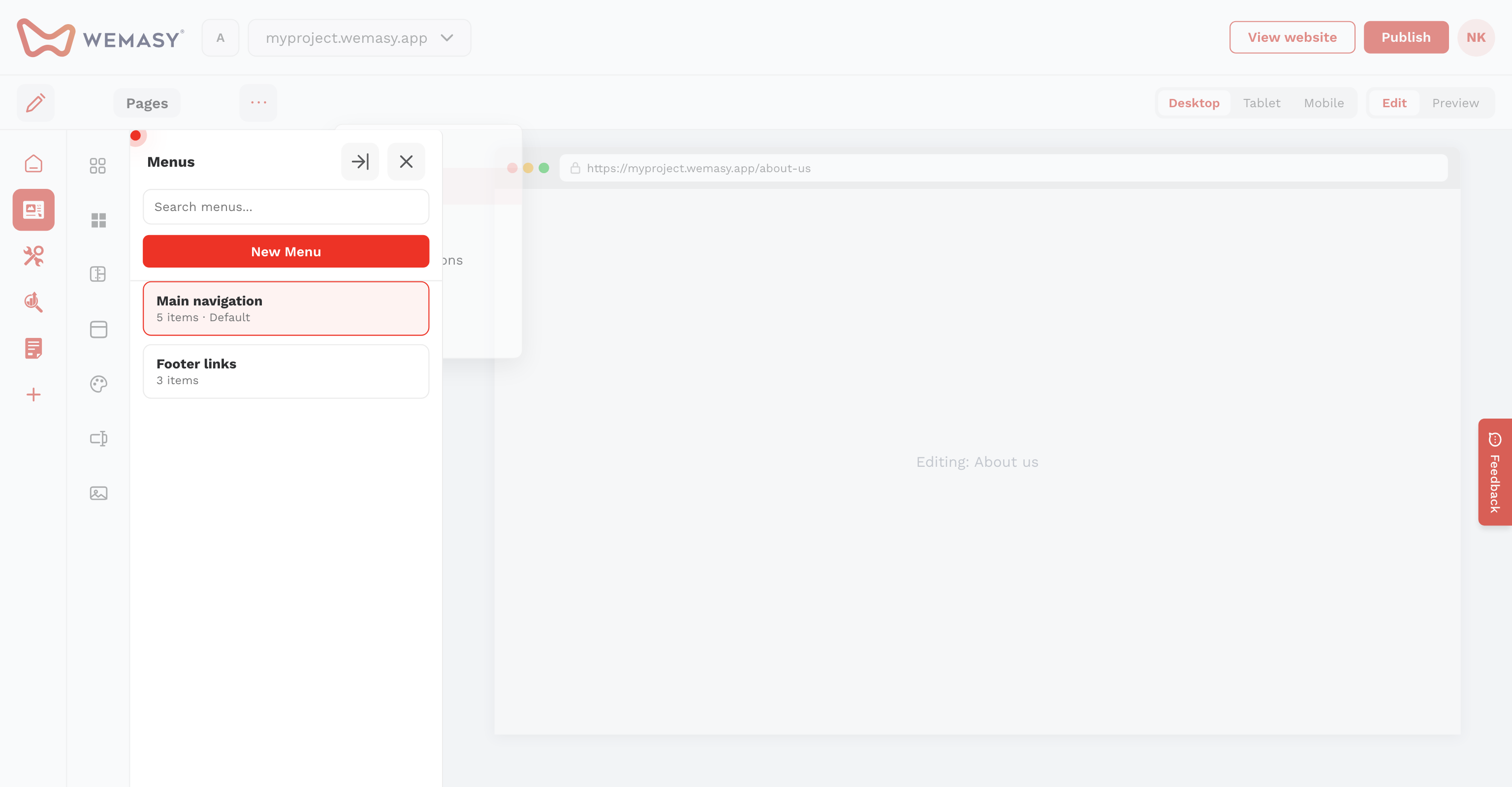 Website-Builder: Standardmenü