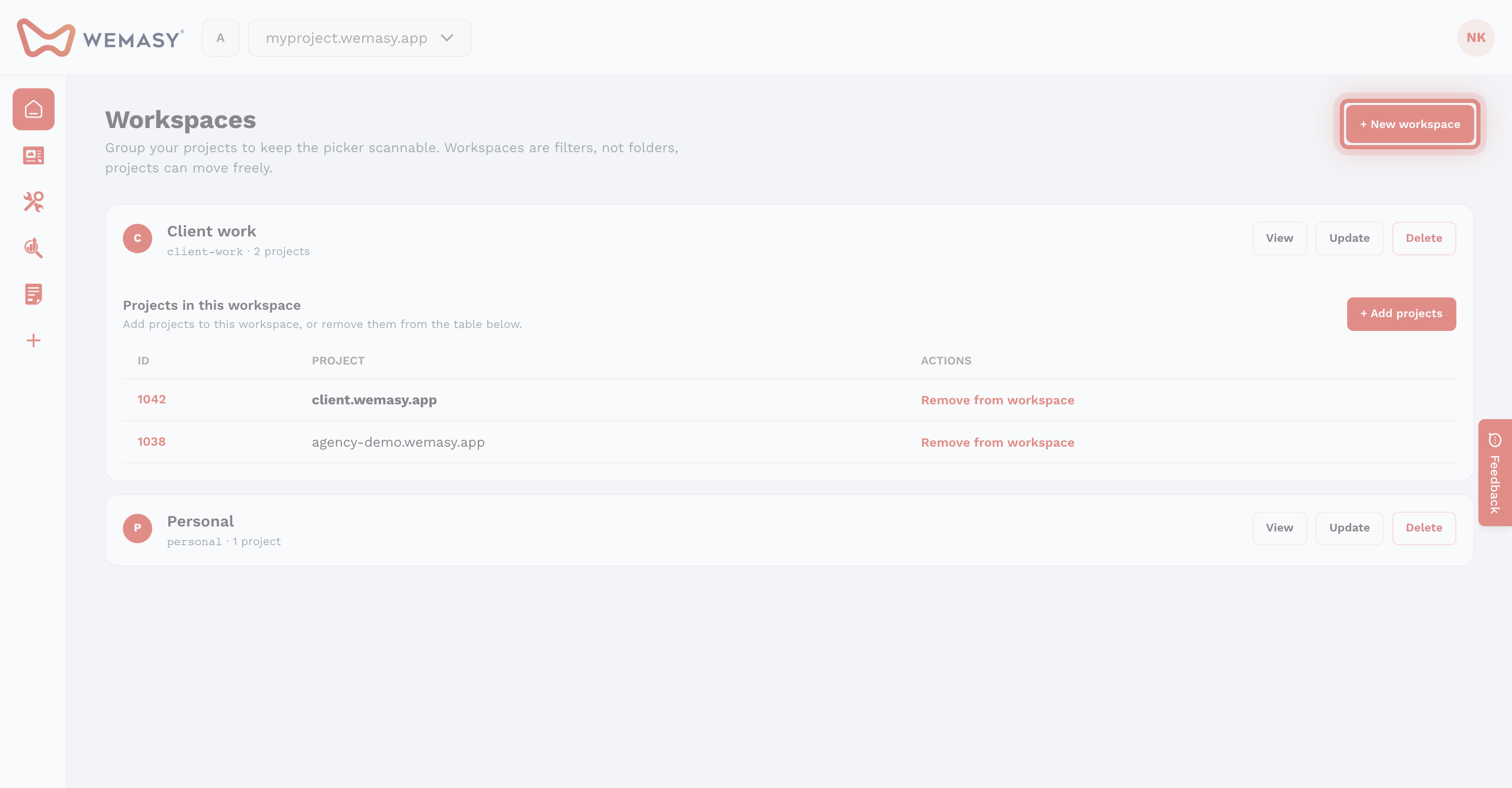 Der Bildschirm Workspaces in WEMASY mit dem Button für einen neuen Workspace