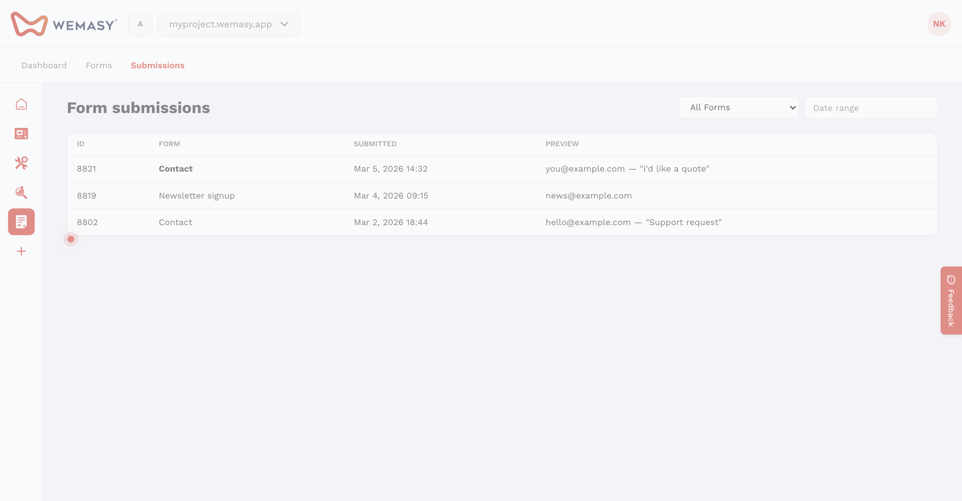 Formulare: Tab Einsendungen